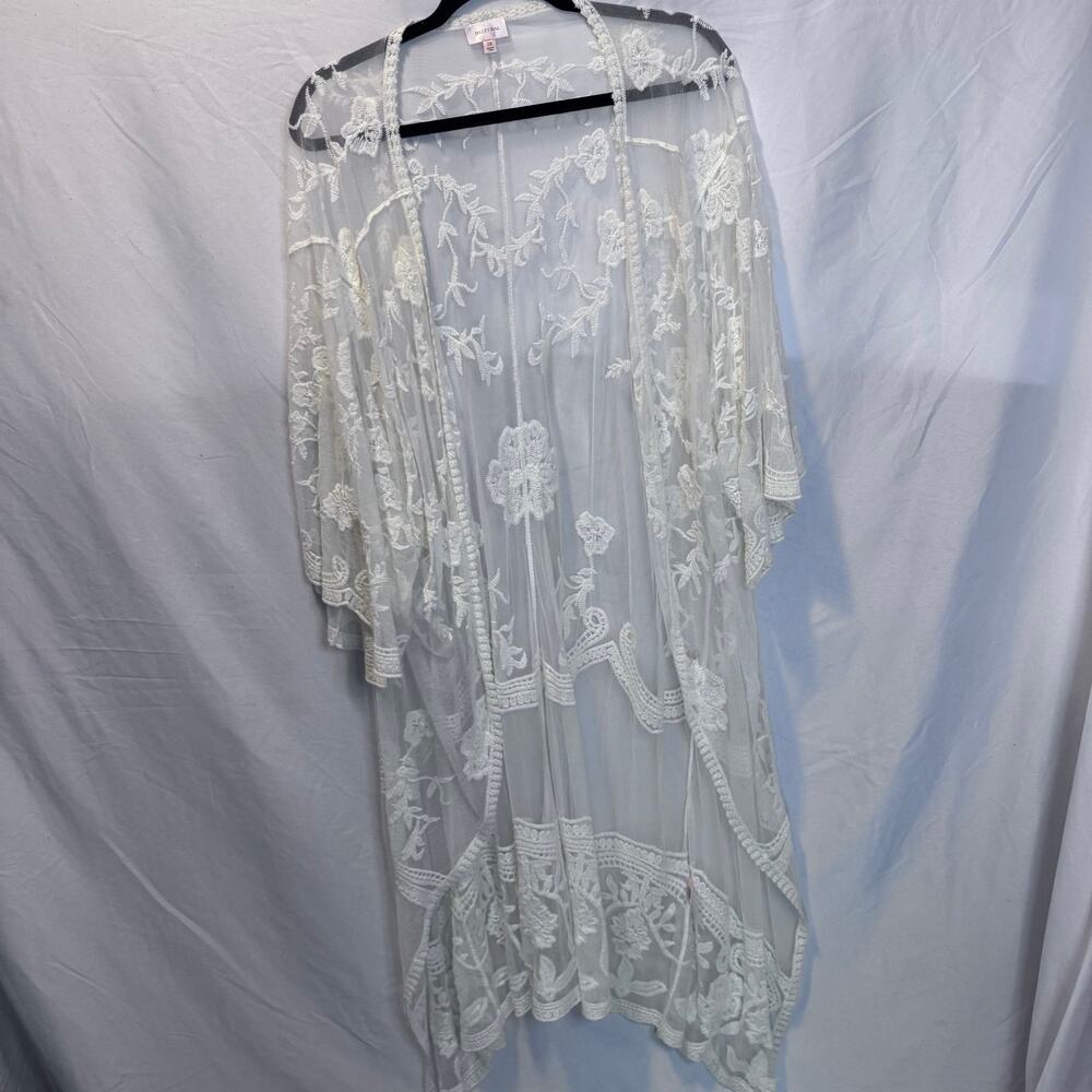 Dizzy Gal White Lace Floral Kimono Duster Cardigan Boho Mesh Cover Up Plus 2X